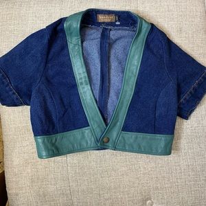 Handmade Denim Low Cut Crop Top with Leather Trim